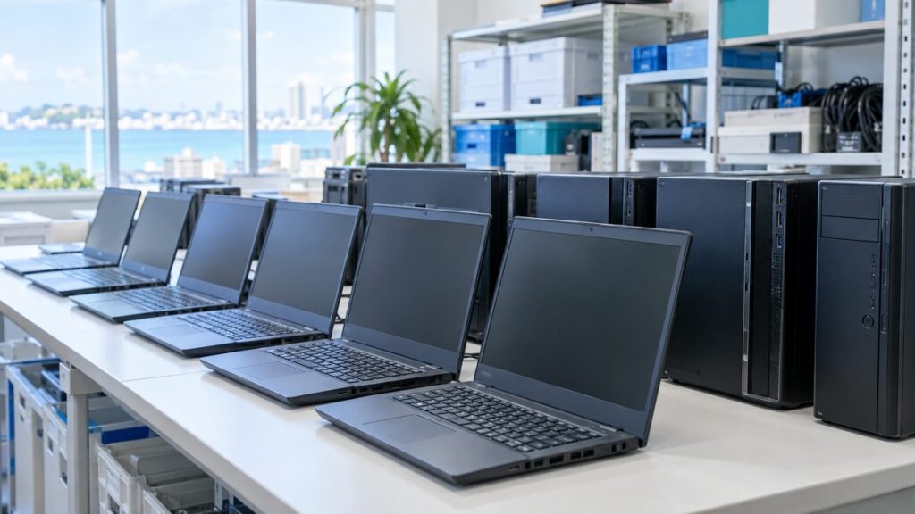 オフィスの保管室のテーブルに並べられた古いノートパソコンとデスクトップパソコン