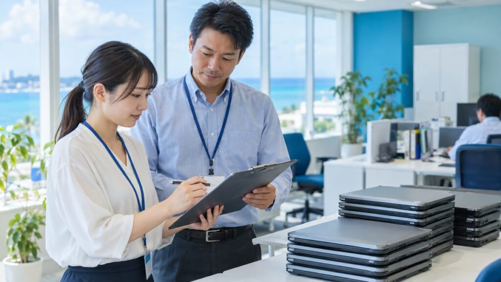 積み重ねたノートパソコンの横でクリップボードのリストを確認するスタッフと事務担当者