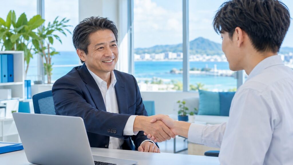 ノートパソコンが置かれた机越しに握手する経営者とスタッフ
