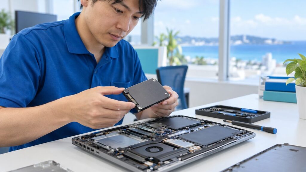 底面カバーを開けたノートパソコンから取り外したSSDを持つ技術者の手元