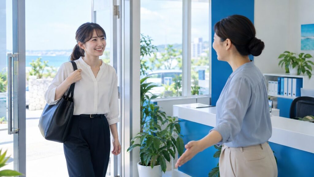 小さな事務所の入口で事務スタッフに迎えられるバッグを持ったスタッフ