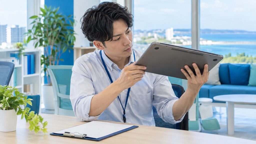事務所のテーブルでノートパソコンの底面を確認するスタッフとクリップボード