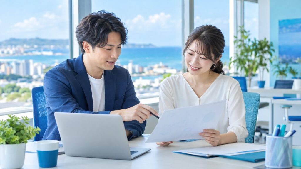 ノートパソコンのある机で書類を一緒に確認する二人