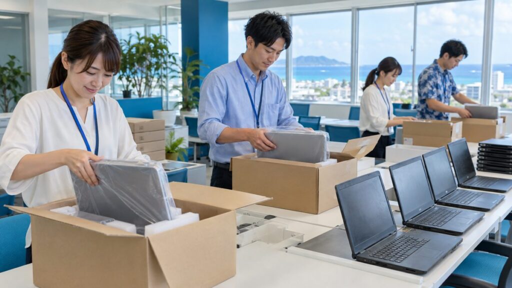 新しいノートパソコンを箱から出し、古いパソコンをテーブルに並べているオフィス