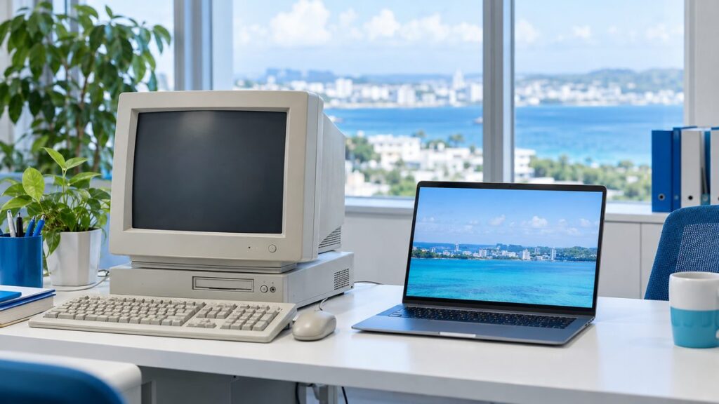 古い大型のデスクトップパソコンと薄型のノートパソコンが事務所の机に並んでいる様子