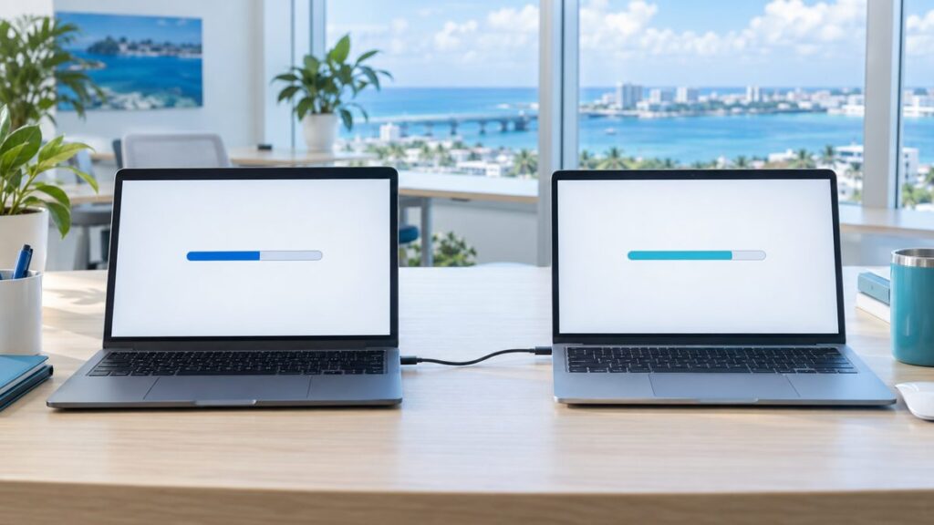 2台のノートパソコンをケーブルでつないでデータを移している机の様子