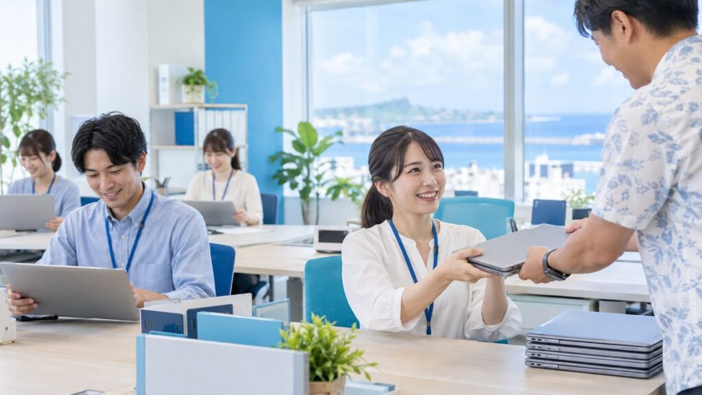 明るいオフィスで社員が自分の席で新しいノートパソコンを受け取っている様子