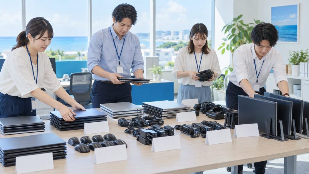 大きな机の上でパソコン機器をグループごとに仕分けしている事務所スタッフ