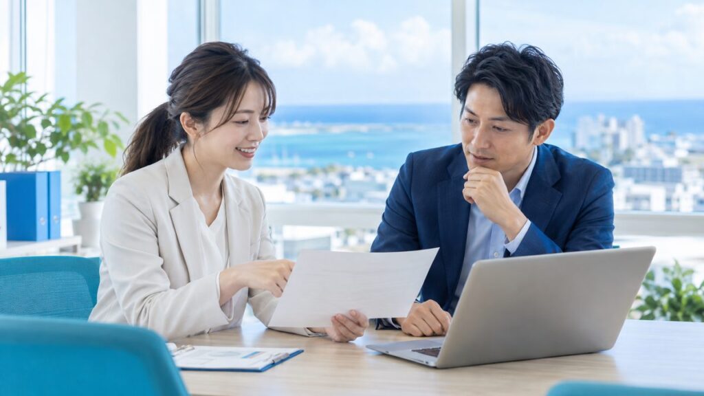 明るいオフィスでノートパソコンを前に書類を一緒に確認する2人