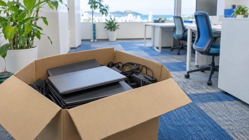 事務所の床に置かれた段ボールに入った古いノートパソコンとケーブル