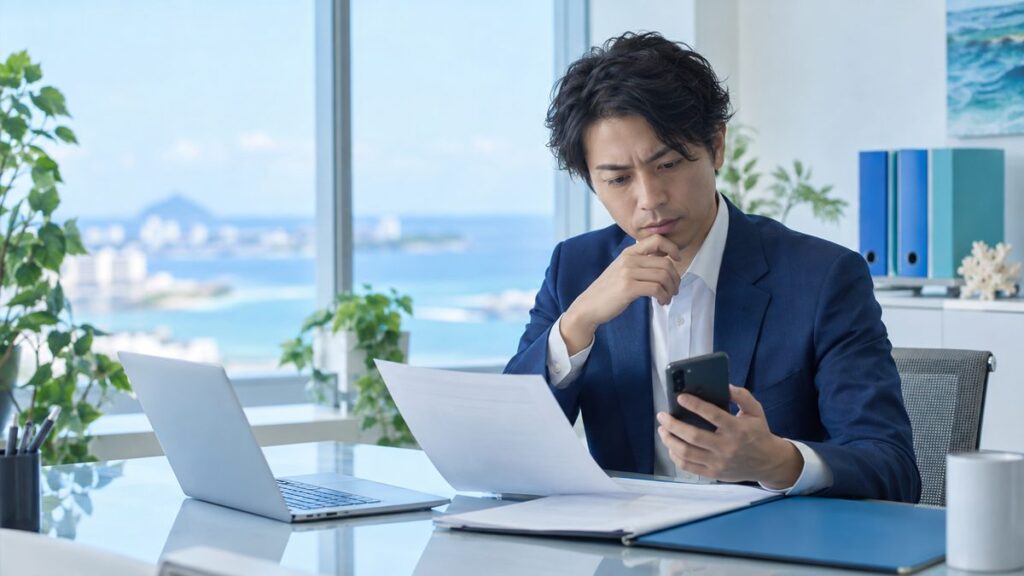 机でスマートフォンと書類を慎重に確認する経営者