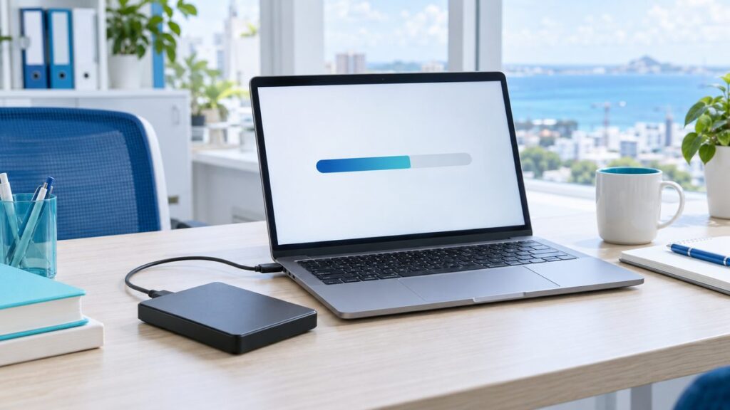 ノートパソコンに外付けハードディスクをつないでバックアップしている様子