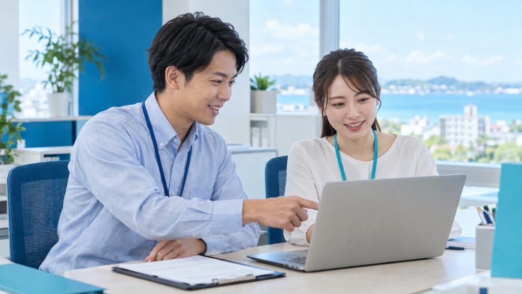 スタッフと事務所の担当者がクリップボードを手にノートパソコンを一緒に確認している様子