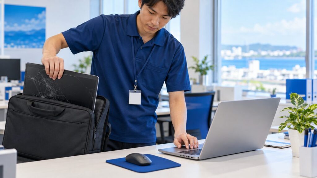 修理中に使う代替機のノートパソコンを机に設置している様子