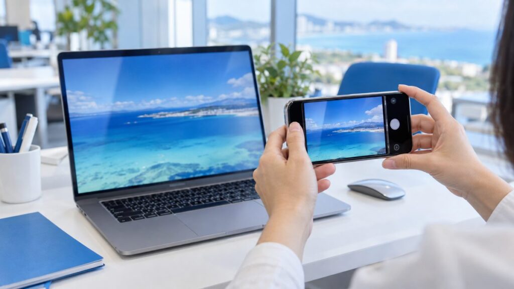 スマートフォンでパソコンの画面を撮影している様子