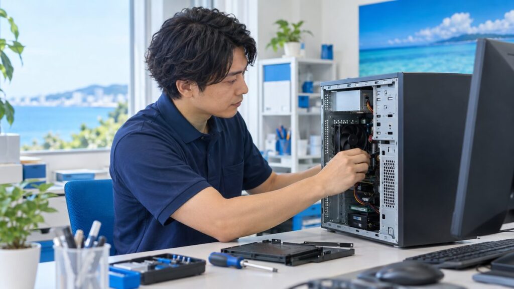 修理スタッフが店舗の事務所でパソコンを作業している様子