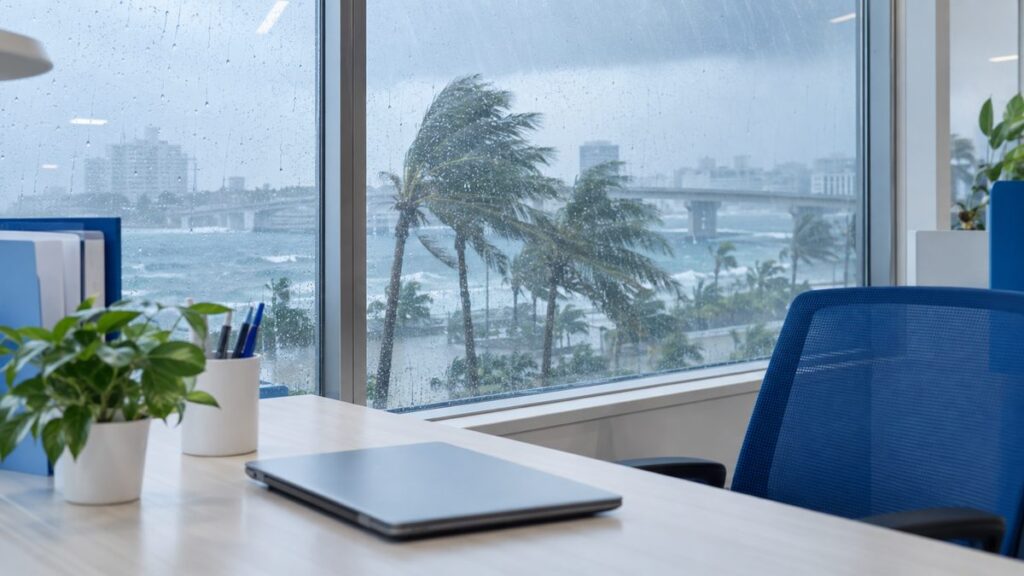 台風の雨風が事務所の窓に打ちつけている様子