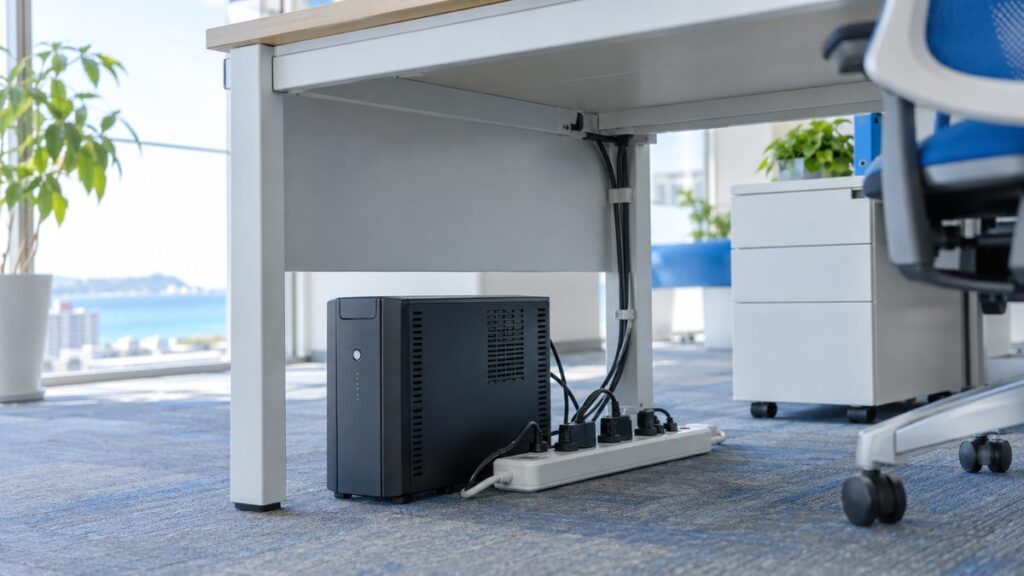 机の下に置かれた無停電電源装置と雷サージ対策の電源タップ
