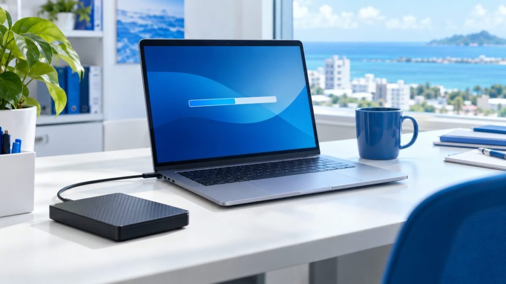 外付けドライブにパソコンのデータをバックアップしている様子