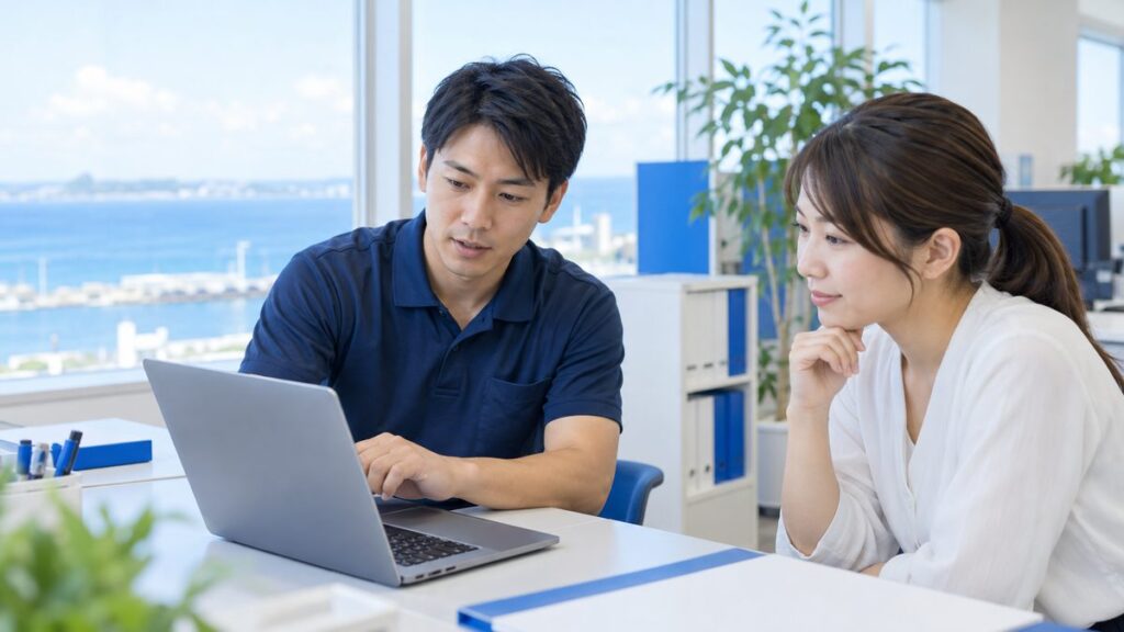 修理スタッフが事務所でパソコンを確認している様子