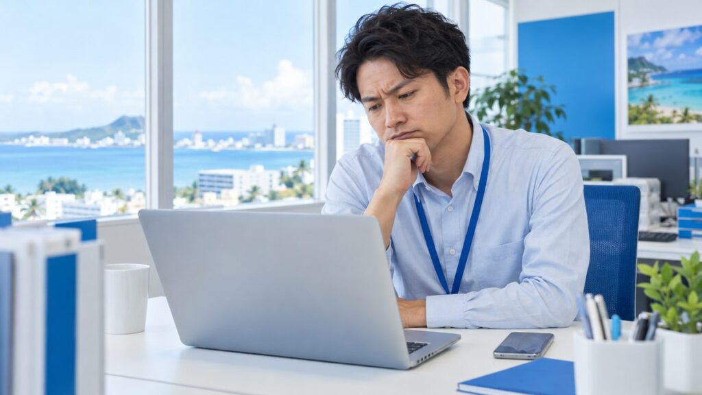 動作が遅いパソコンの前で待っている会社員