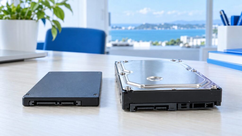 SSDと古いハードディスクを並べた様子