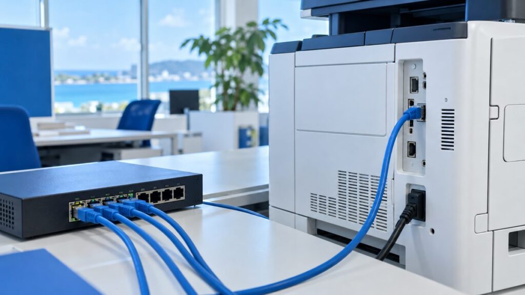 プリンターの背面とネットワーク機器につながったLANケーブル