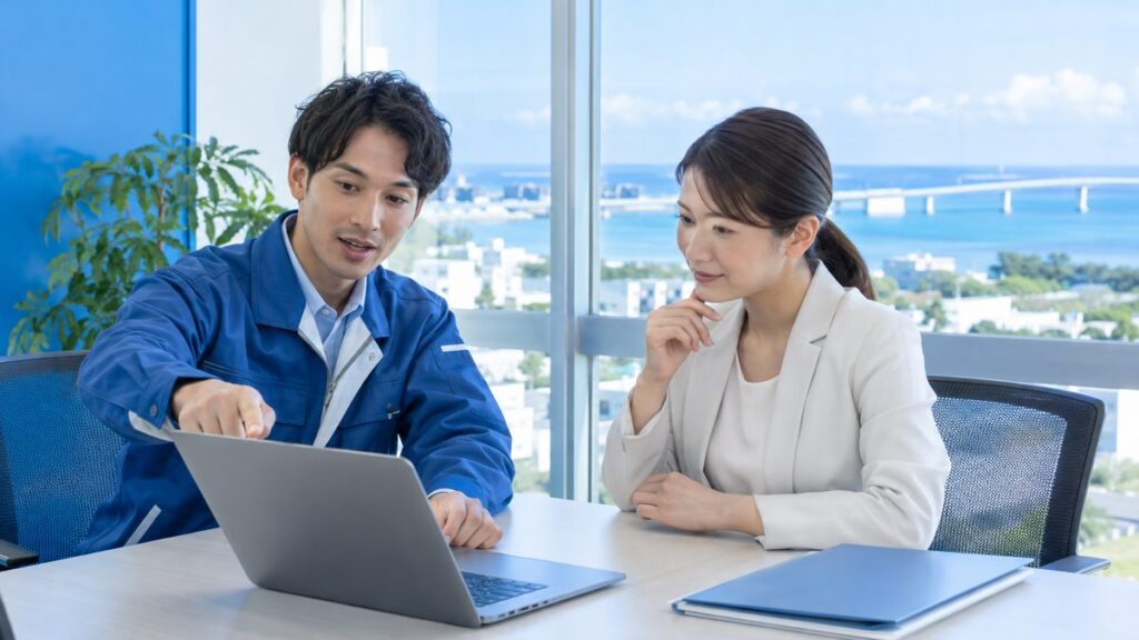 パソコンを指しながら説明するスタッフと担当者