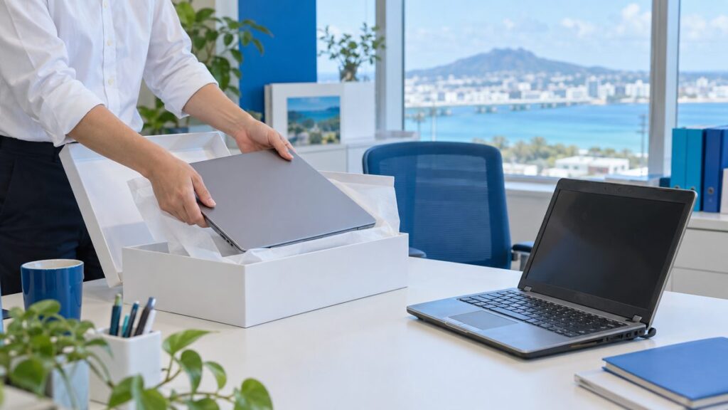 新しいノートパソコンを開封している様子
