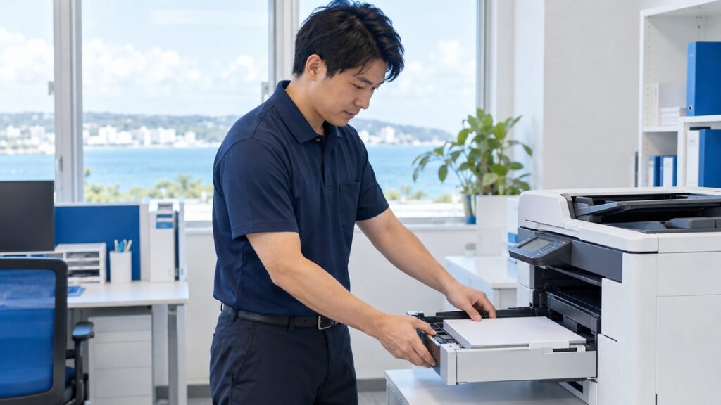 小さな事務所でプリンターを設定する様子