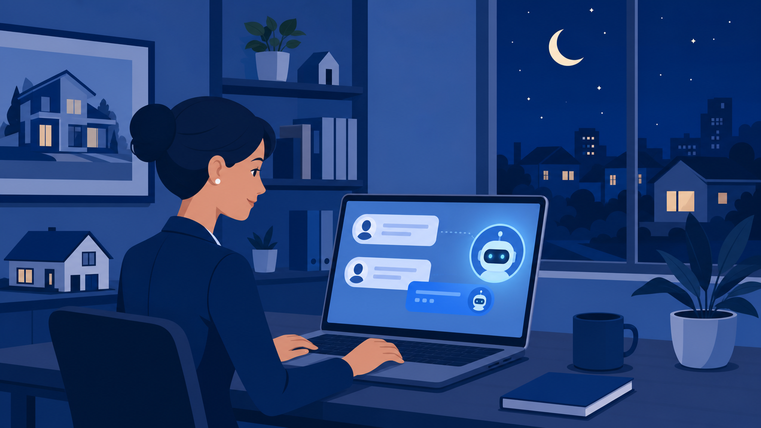 夜間の問い合わせにAIが一次対応する不動産会社のイメージ