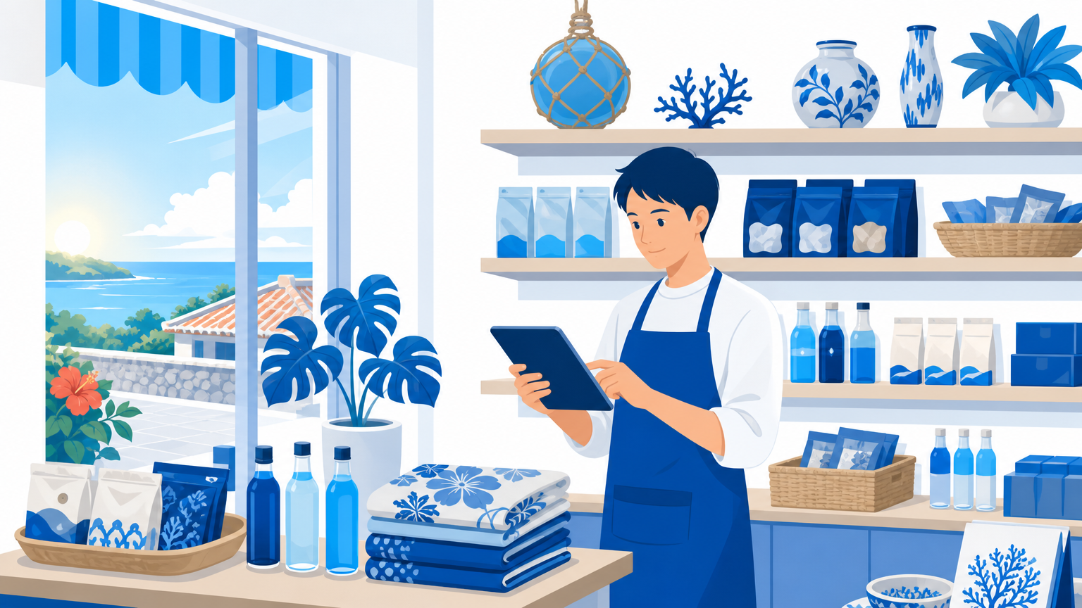 開店前にタブレットで売上データを見ながら発注と在庫をAIと確認する沖縄の小売店主のイメージ