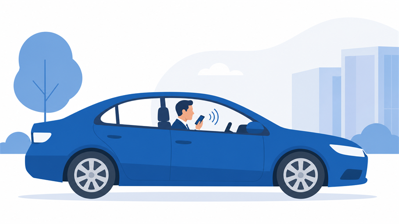 商談直後の車内でスマートフォンに音声メモを残す営業担当のイラスト