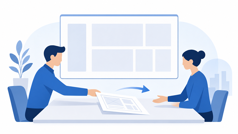 参考イメージを制作会社に渡して方向性を共有する打ち合わせのイラスト