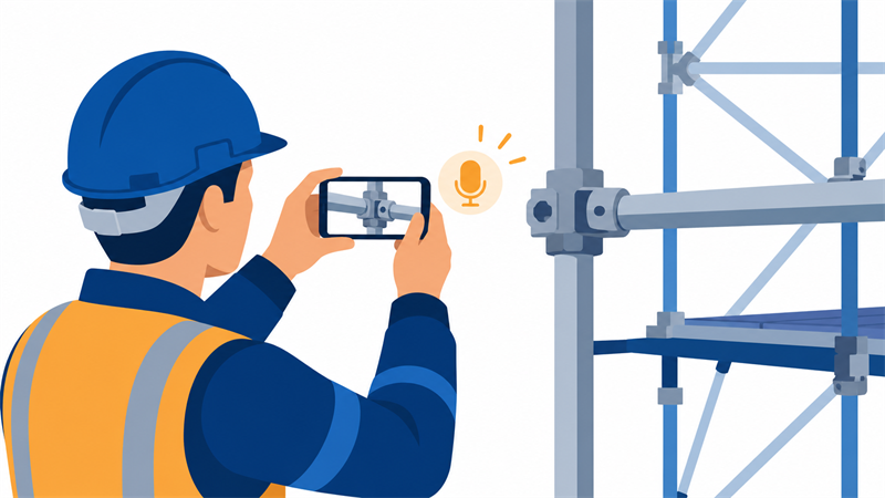 現場で足場の継手をスマホで撮影し、音声で状況を記録する作業員のイラスト