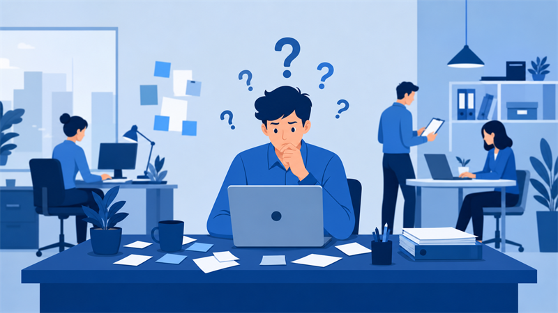 社内にIT担当がいない会社で、担当者がネット検索でその場しのぎの対応をしているイメージ