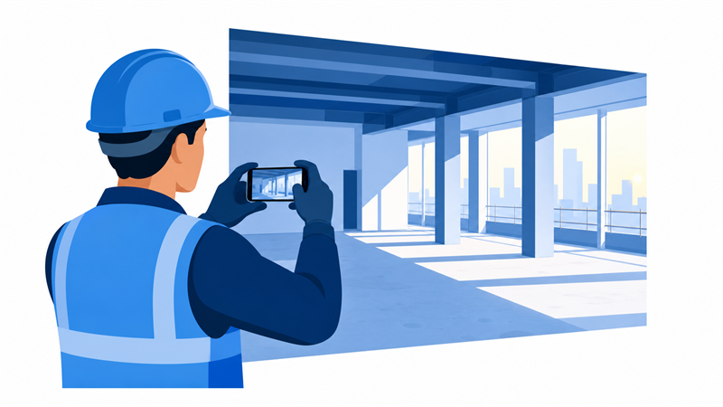 着工前の現場をスマホで撮影する作業員のイラスト