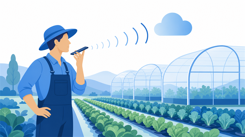 畑で作業の合間にスマートフォンへ音声メモを残す農家のイラスト