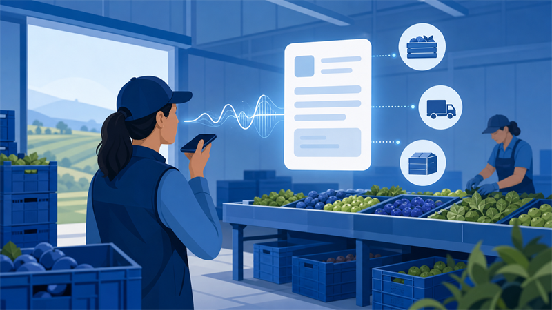 作業場での音声メモが出荷伝票の下書きに変わるイメージのイラスト
