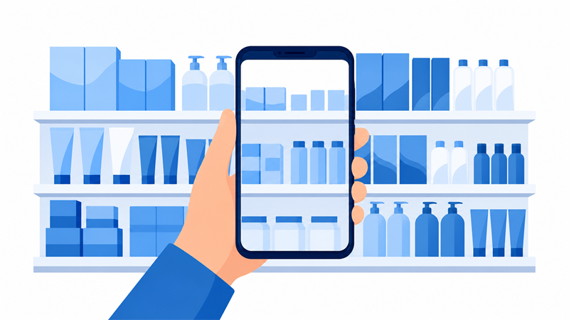棚の商品をスマートフォンで正面から水平に撮影しているイラスト