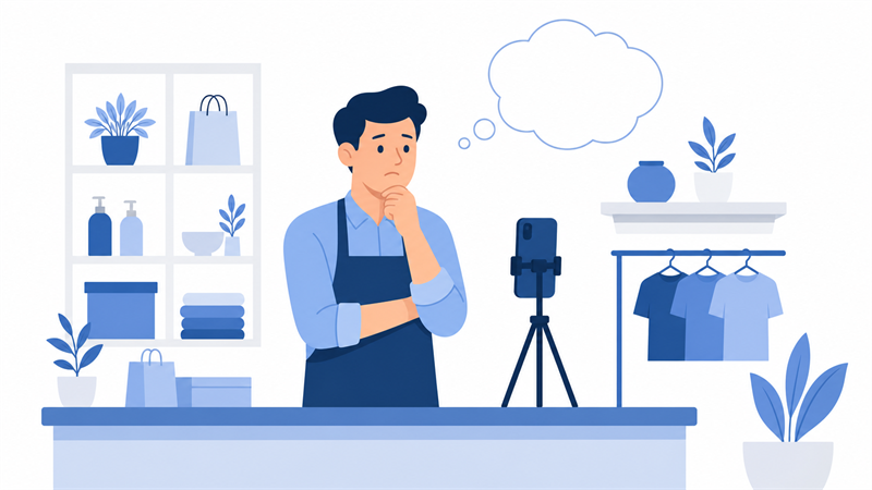 何を撮るか決まらず、スマホを構えたまま迷っている店舗スタッフのイラスト