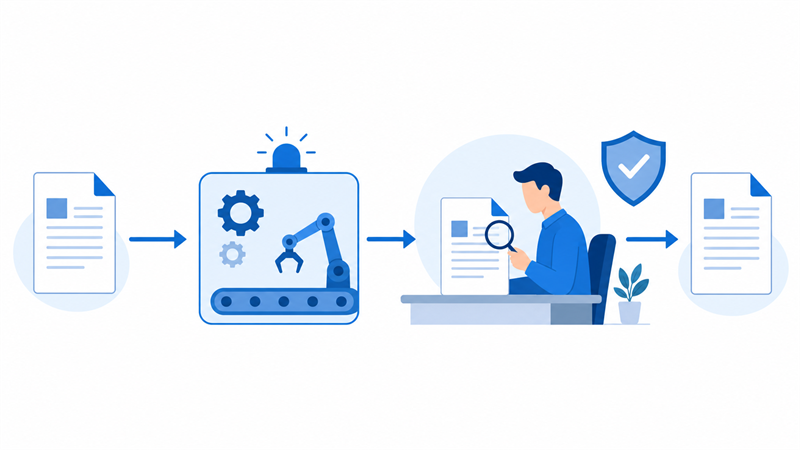 AIの出力を人が最終確認する運用フローのイラスト