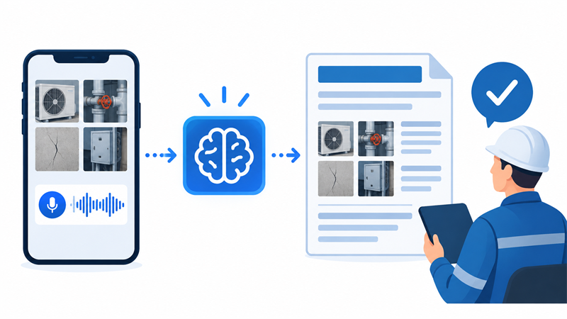 現場の写真と音声メモをAIが報告書の下書きにまとめ、技術者が確認する流れ
