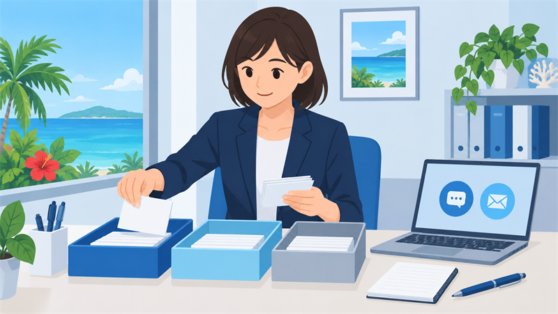過去の問い合わせを三つの箱に仕分けて判断する様子