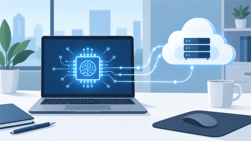 手元のPCで処理するAIとクラウドで処理するAIの違いを表したイラスト