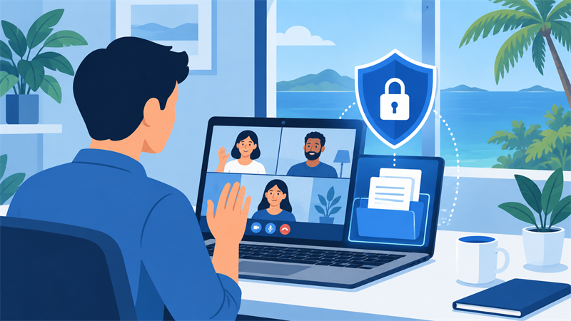 社外に出せない情報を端末内で守りながらAIを使う様子のイラスト