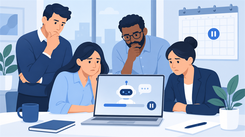 AIの試験導入が途中で止まっている小さな会社のオフィスのイメージ