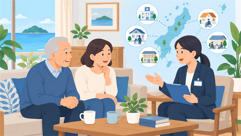 本人・家族と話し合いながら、地域の事業所からサービスを選ぶケアマネジャーのイメージ