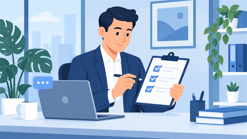 自社がどちらに当てはまるかを質問リストで確認する経営者のイメージ