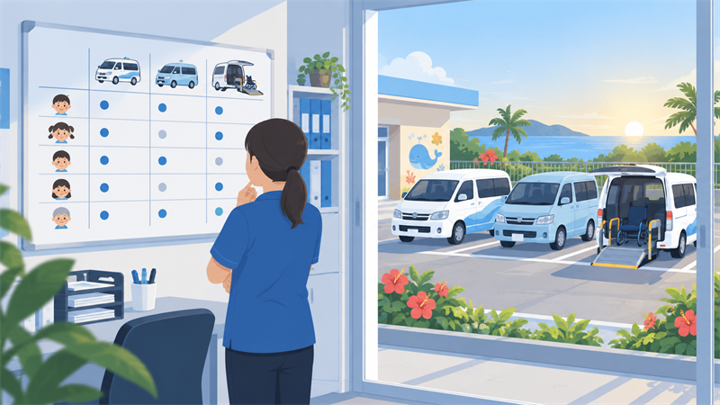 朝の事業所で送迎表のホワイトボードを確認する送迎担当者と送迎車両